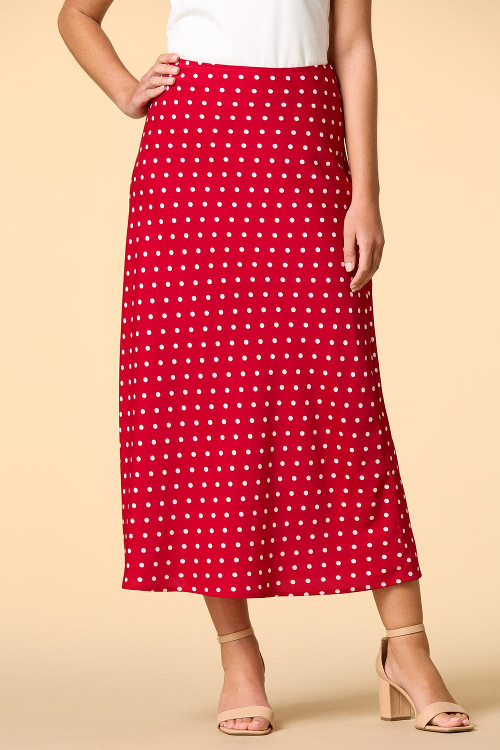 lady in red satin midi skirt Versona Trends|Apparel