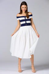 cache off shoulder mix fabric maxi dress Versona Caché