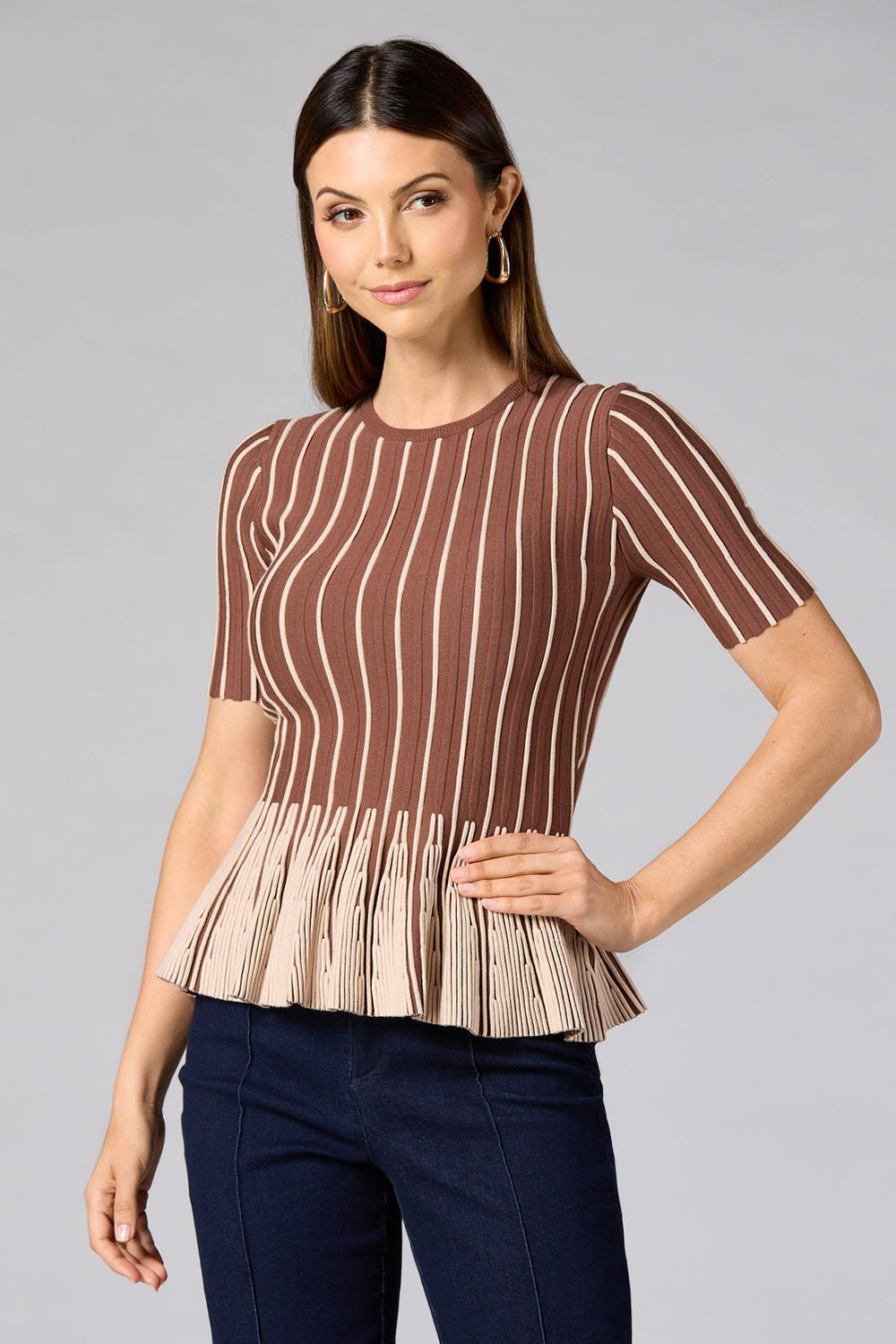 cache striped peplum top- brown Versona Caché