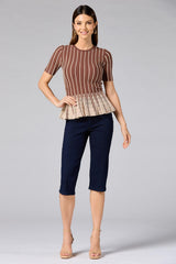 cache striped peplum top- brown Versona Caché