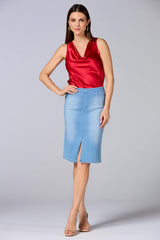 cache red satin cowl neck tank Versona Caché