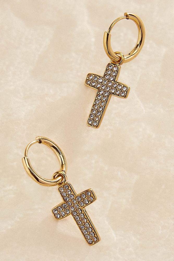 waterproof embellished cross huggie hoop earrings Versona Jewelry