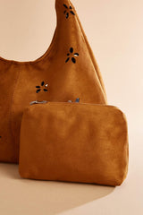 faux suede floral perforated hobo bag set Versona Accessories