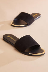 gold trim black faux suede sandals Versona Shoes