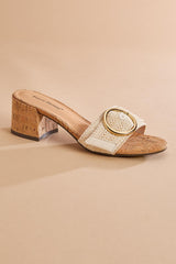 raffia round gold buckle cork heels Versona Shoes