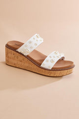 pearl embellished cork platform wedge sandals Versona Shoes|Sale