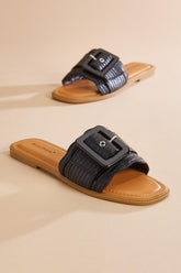 black faux leather band sandals Versona Shoes|Sale