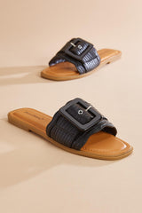 black faux leather band sandals Versona Shoes|Sale