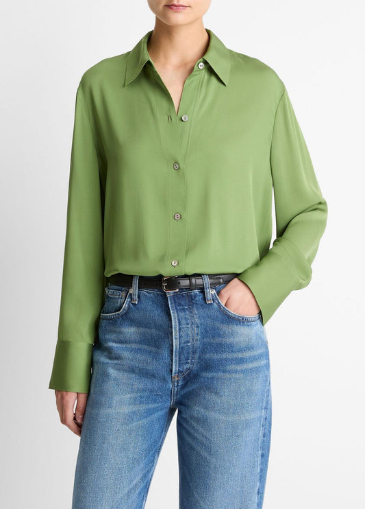VINCE Stretch-Silk Button-Front Blouse in Long Sleeve
