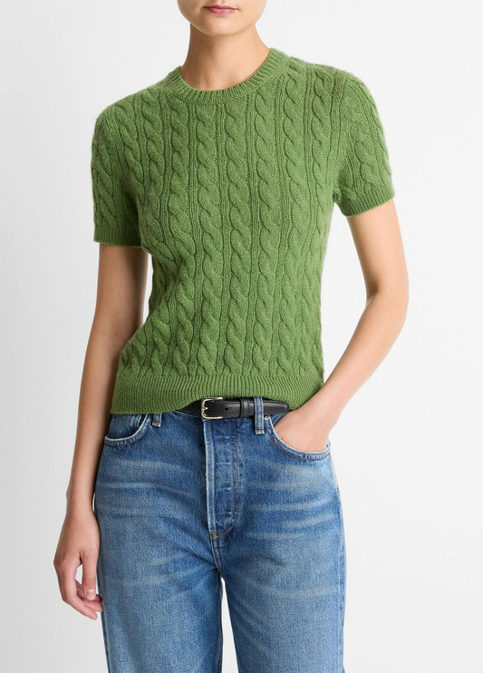 VINCE Cable-Knit Wool & Cashmere-Blend Short-Sleeve Sweater in Crew Neck