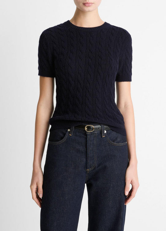 VINCE Cable-Knit Wool & Cashmere-Blend Short-Sleeve Sweater in Crew Neck