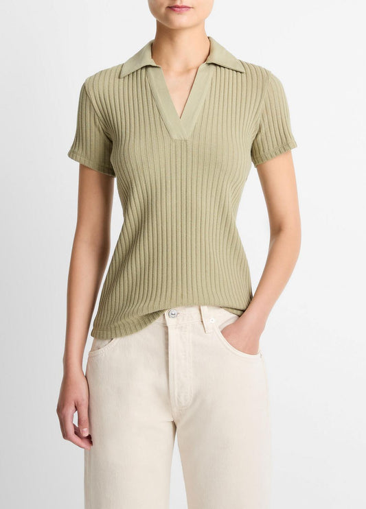 VINCE Ribbed Cotton-Blend Polo Shirt in Short Sleeve