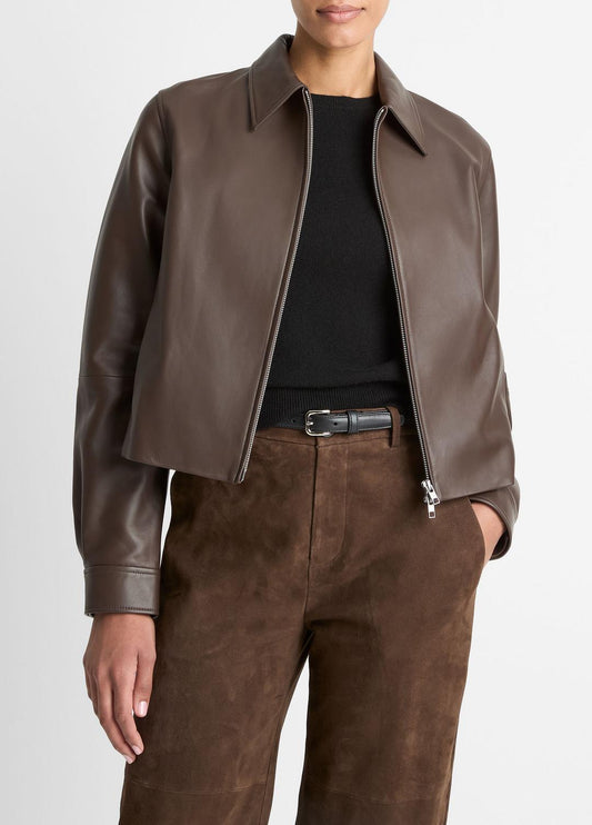 VINCE Leather Cropped Zip-Front Jacket in Leather Jackets