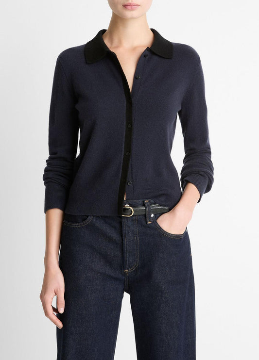 VINCE Contrast-Trim Wool & Cashmere-Blend Collared Cardigan in Cardigans