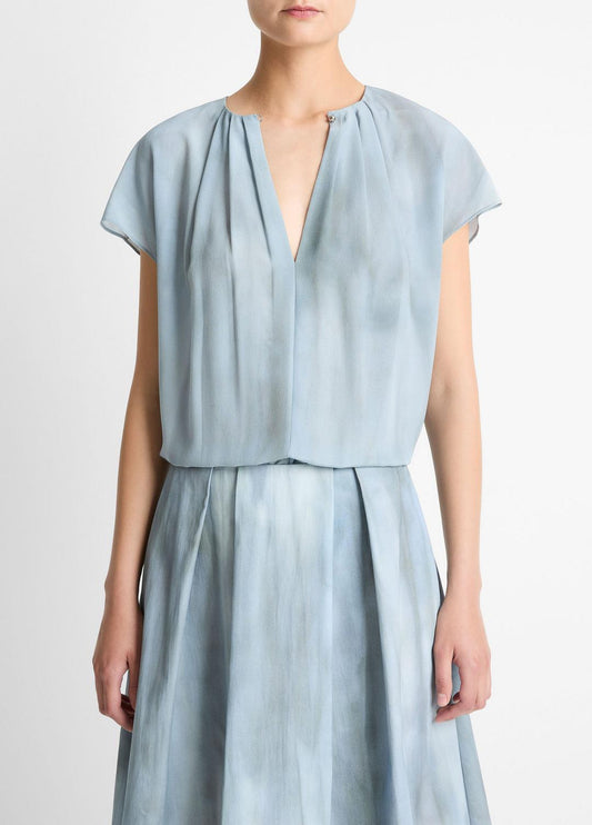 VINCE Washed Ombré Silk Gathered Cap-Sleeve Blouse in Short Sleeve