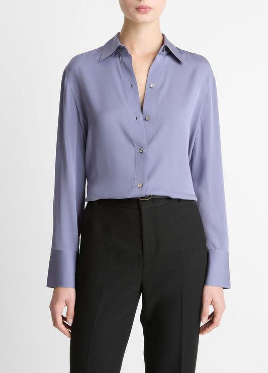 VINCE Stretch-Silk Button-Front Blouse in Long Sleeve