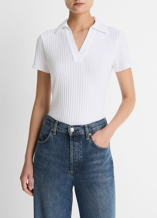 VINCE Ribbed Cotton-Blend Polo Shirt in Short Sleeve