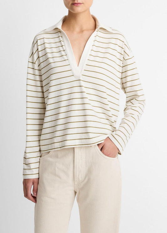 VINCE Striped Cotton Long-Sleeve Polo Shirt in Long Sleeve