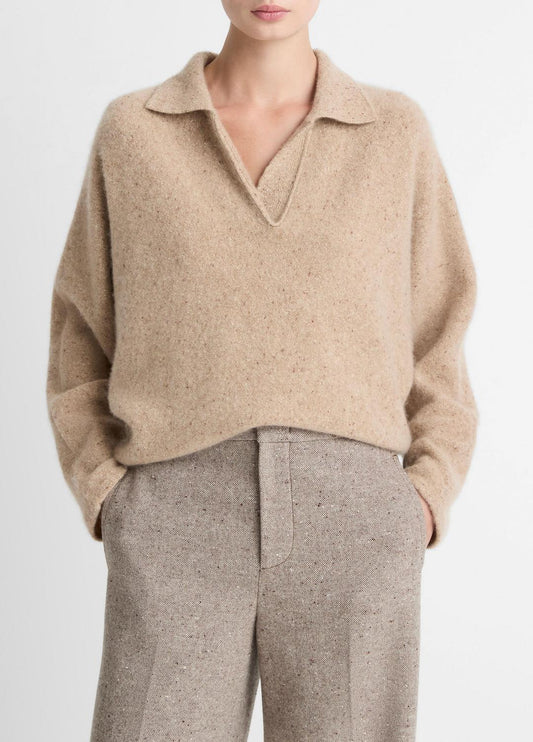VINCE Donegal Plush Cashmere Dolman-Sleeve Polo Sweater in Cashmere