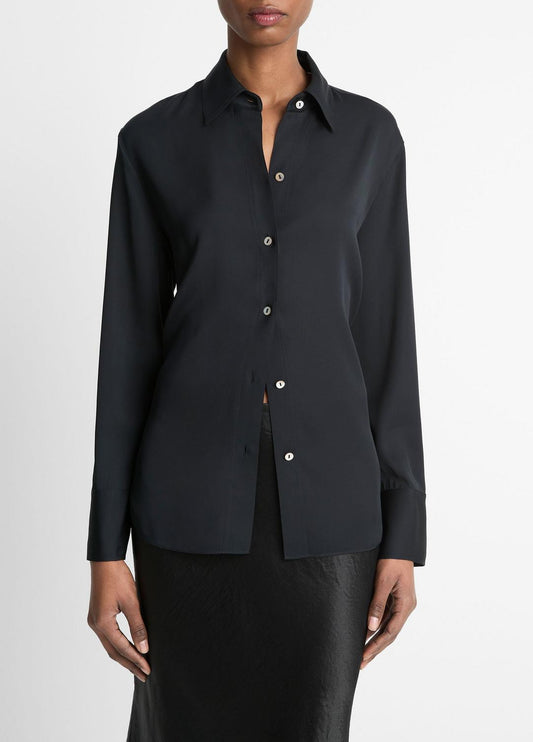 VINCE Stretch-Silk Button-Front Blouse in Long Sleeve