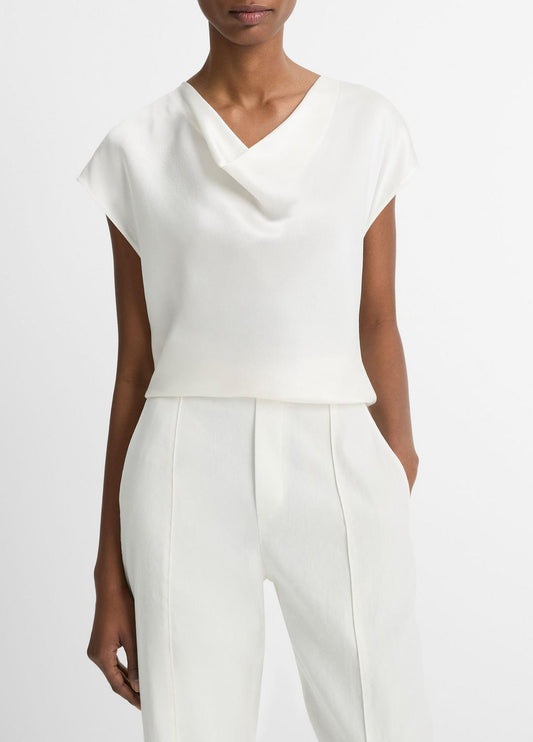 VINCE Silk Cowl-Neck Blouse in Short Sleeve