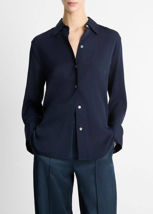 VINCE Stretch-Silk Button-Front Blouse in Long Sleeve