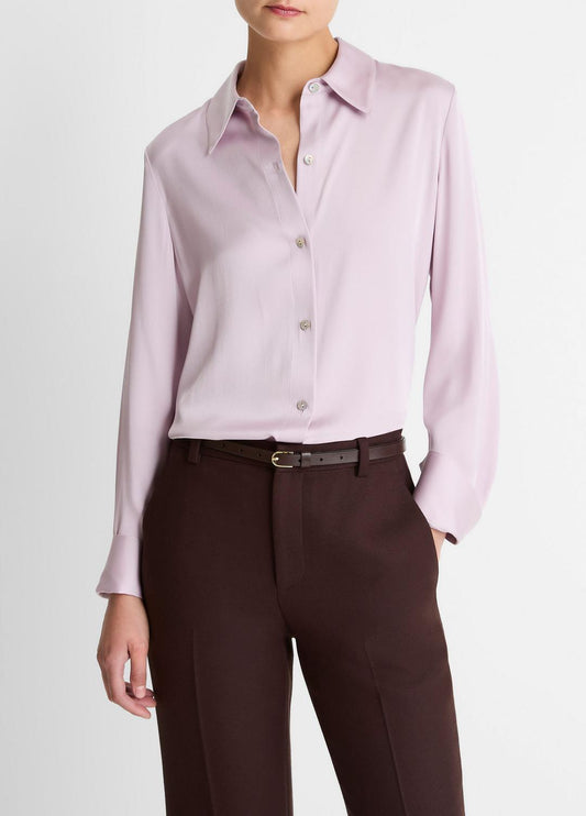 VINCE Silk-Blend Slim Button-Front Blouse in Long Sleeve