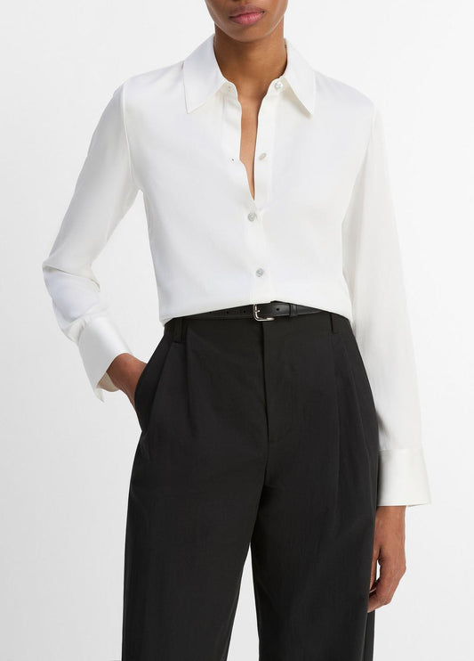 VINCE Silk-Blend Slim Button-Front Blouse in Long Sleeve