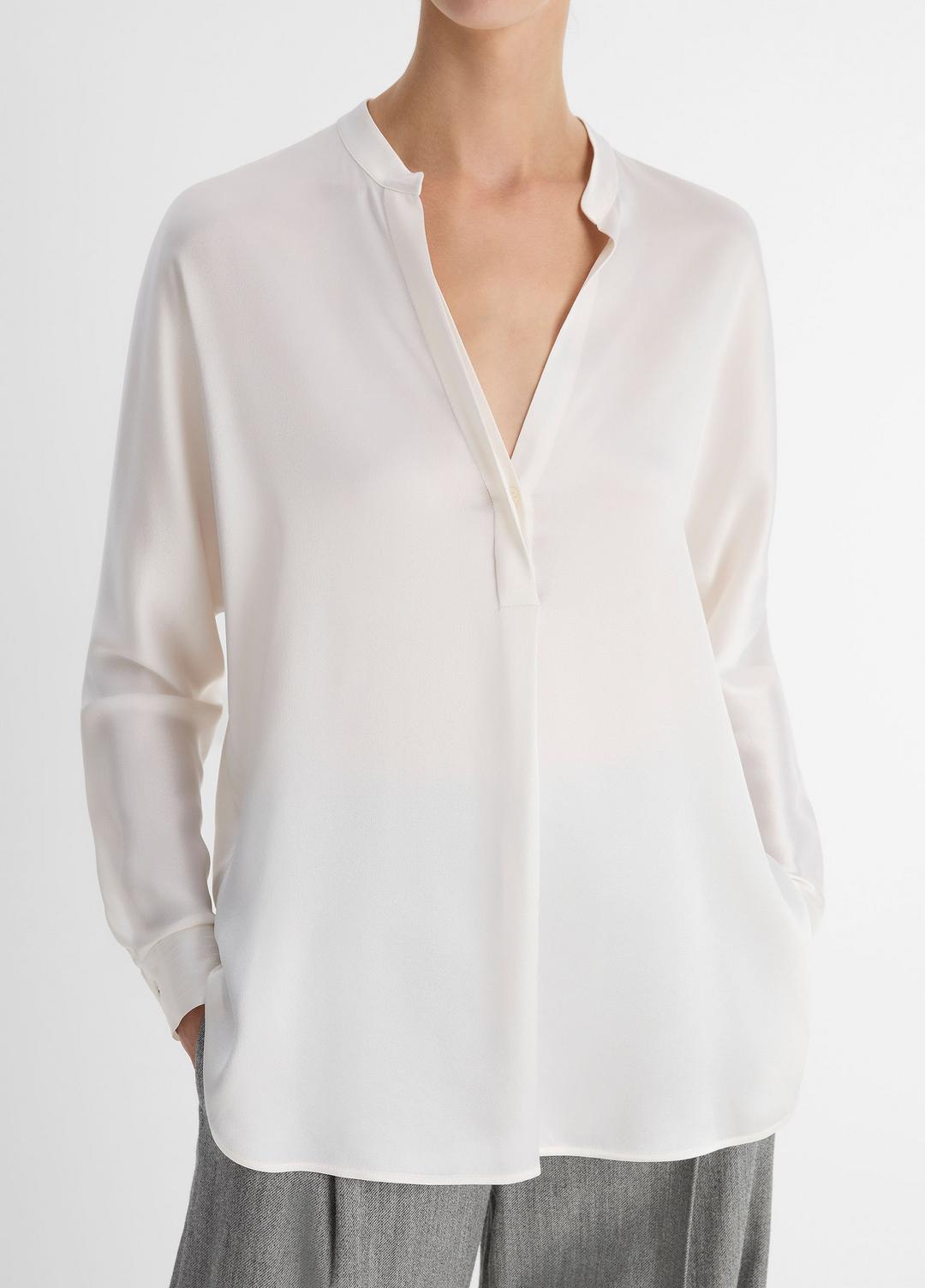 VINCE Silk Satin Band-Collar Blouse in Long Sleeve