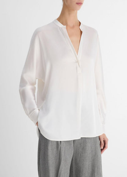 VINCE Silk Satin Band-Collar Blouse in Long Sleeve