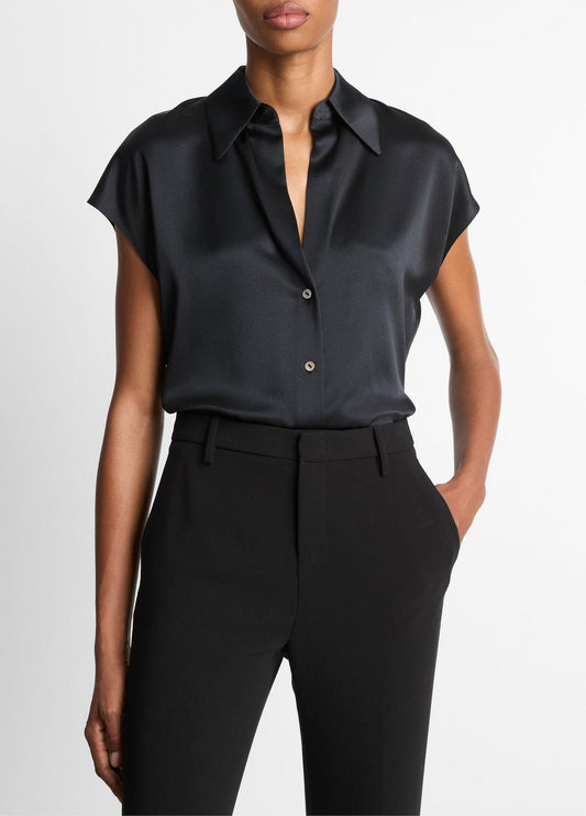 VINCE Silk Cap-Sleeve Ruched-Back Blouse in Short Sleeve