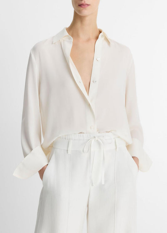 VINCE Stretch-Silk Button-Front Blouse in Long Sleeve