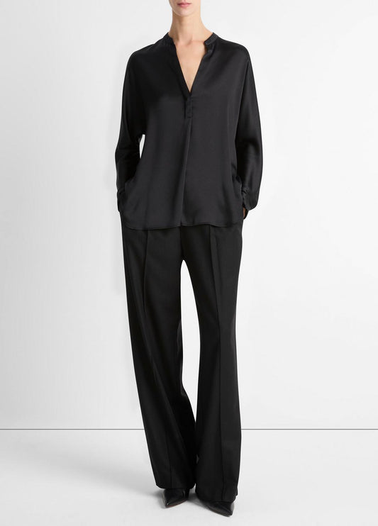 VINCE Silk Satin Band-Collar Blouse in Long Sleeve