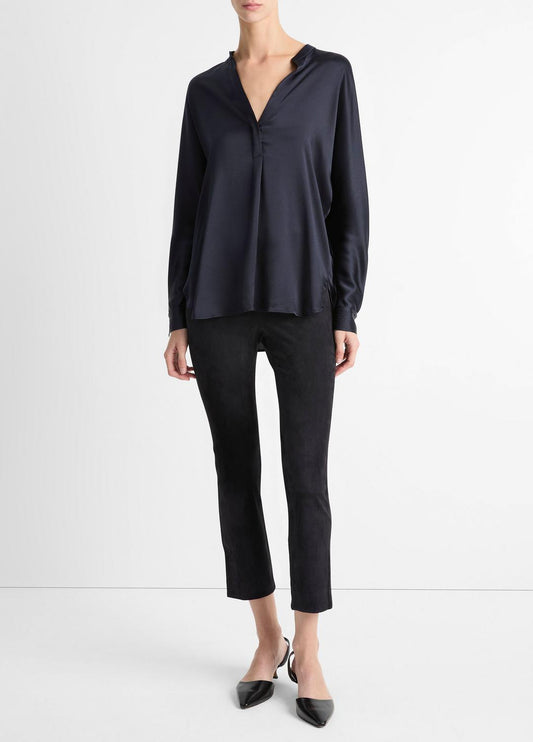 VINCE Silk Satin Band-Collar Blouse in Long Sleeve