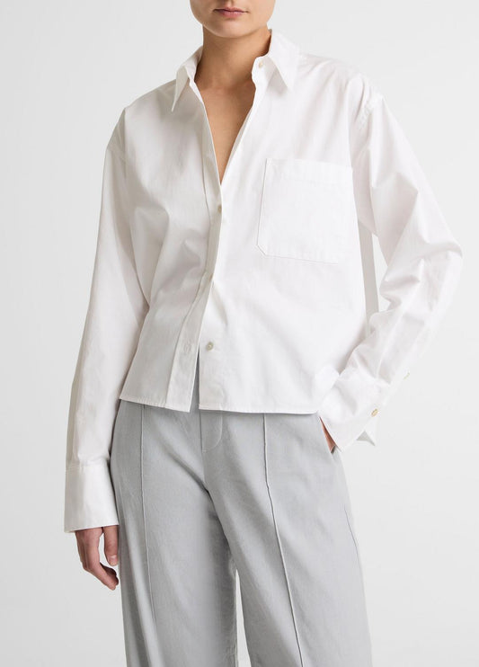 VINCE Cotton Cropped Button-Front Shirt  in Long Sleeve