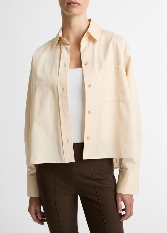 VINCE Cotton Cropped Button-Front Shirt  in Long Sleeve