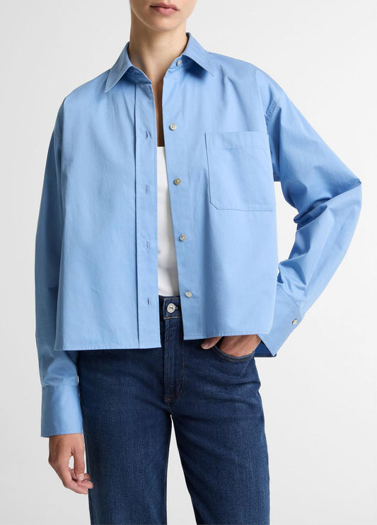 VINCE Cotton Cropped Button-Front Shirt  in Long Sleeve