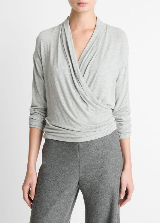 VINCE Relaxed Fixed-Wrap Jersey Top in Long Sleeve