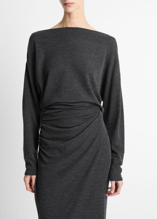 VINCE Draped Wool-Blend Slash-Neck Top in Long Sleeve