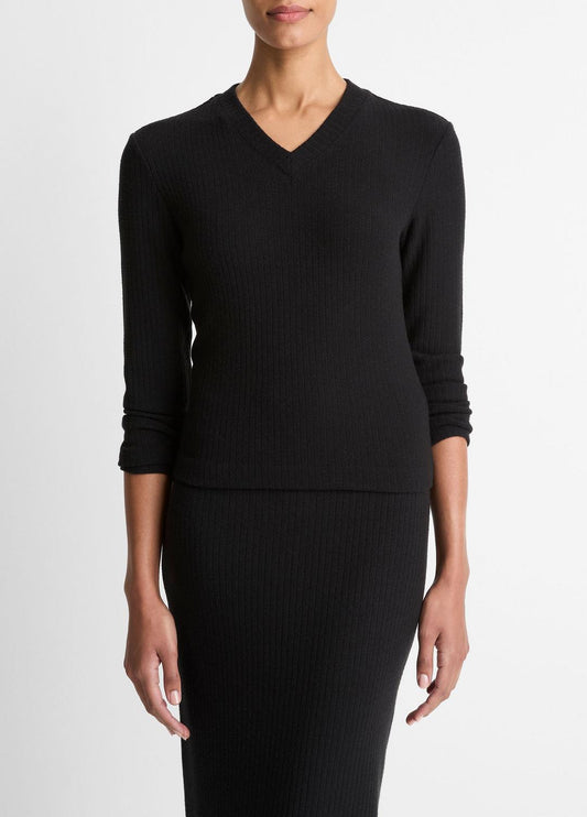 VINCE Cozy Rib High V-Neck Top in Long Sleeve
