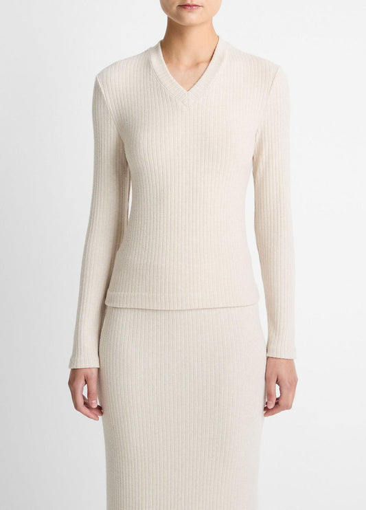 VINCE Cozy Rib High V-Neck Top in Long Sleeve