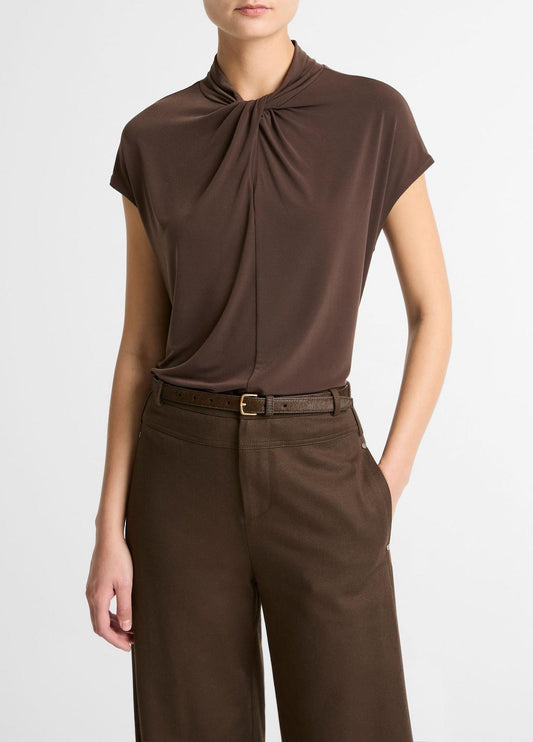 VINCE Twist-Neck Matte Jersey Cap-Sleeve Top  in Short Sleeve