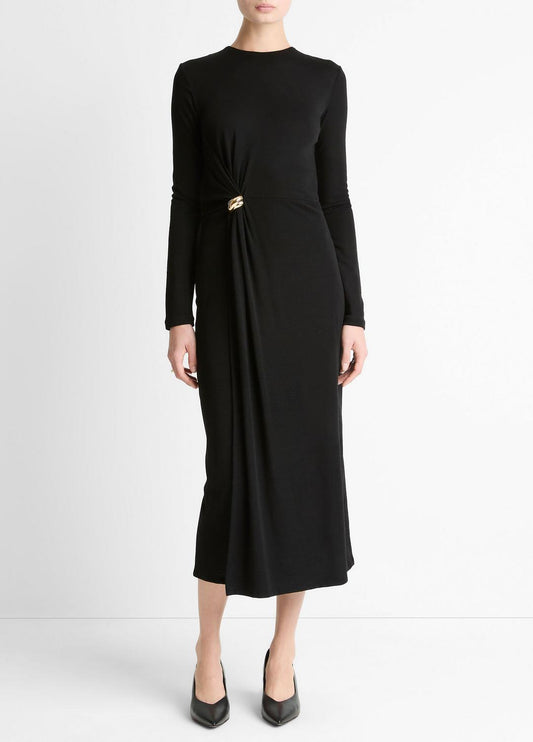 VINCE Cinched-Waist Wool-Blend Long-Sleeve Dress in Dresses