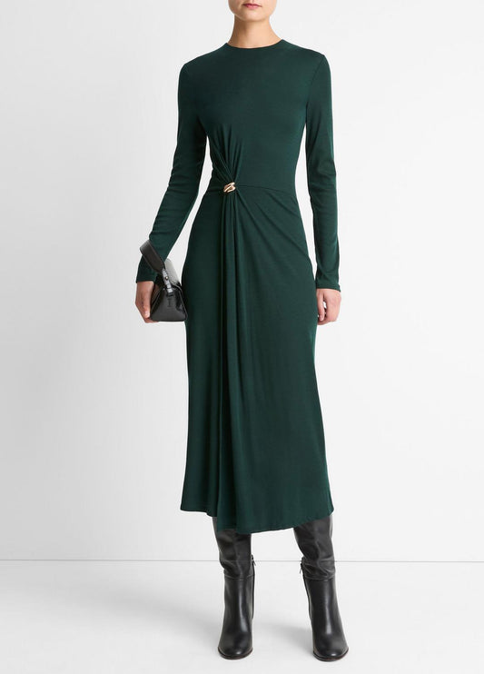 VINCE Cinched-Waist Wool-Blend Long-Sleeve Dress in Dresses