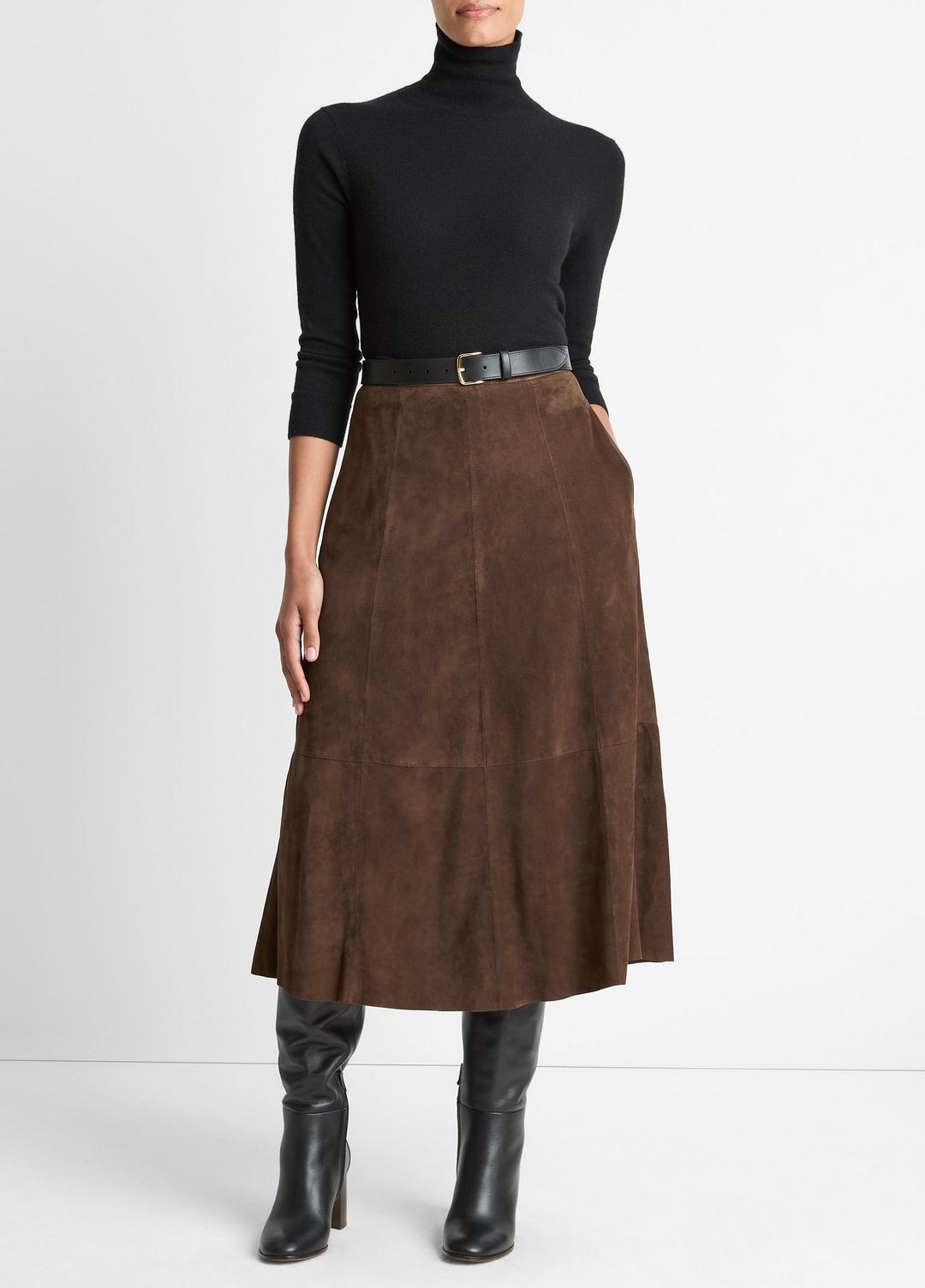 VINCE Suede Mid-Rise Flared Skirt in Skirts