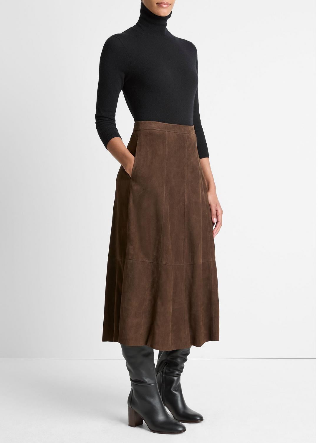 VINCE Suede Mid-Rise Flared Skirt in Skirts