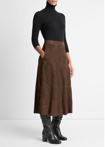 VINCE Suede Mid-Rise Flared Skirt in Skirts