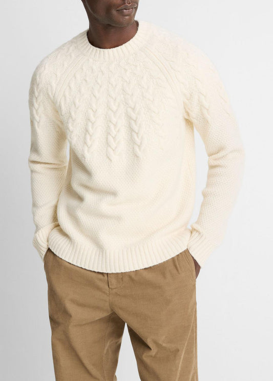 VINCE Airspun Merino Wool Cable-Yoke Sweater in Crew Neck