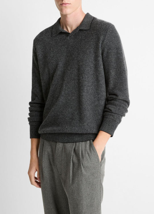 VINCE Feed Stripe Plush Cashmere Johnny-Collar Sweater in Cashmere