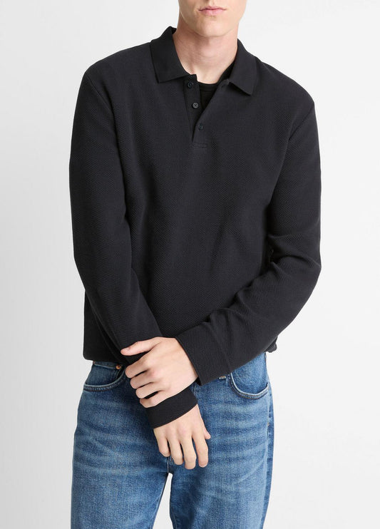 VINCE Basket-Weave Cotton Long-Sleeve Polo Shirt in Henleys & Polos